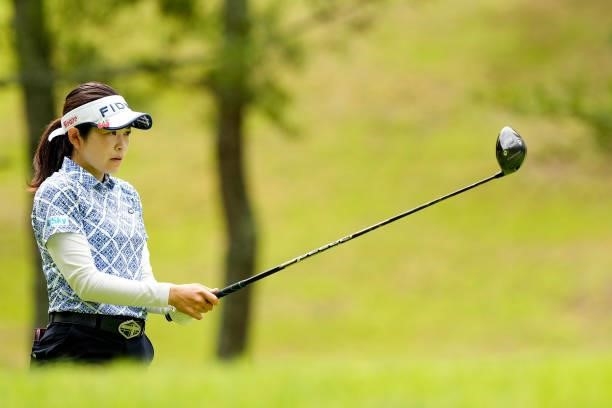 Sumika Nakasone of Japan hits her tee shot on the 4th hole during the final round of the Sky Ladies ABC Cup at the ABC Golf Club on July 02, 2021 in...