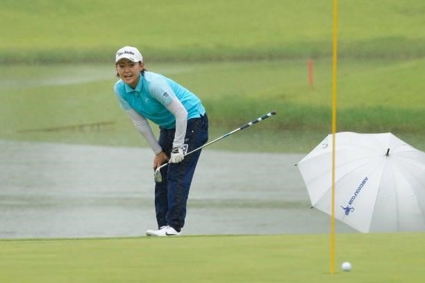 Yukiko Nishiki of Japan reacts after her putt on the 18th green during the final round of the Sky Ladies ABC Cup at the ABC Golf Club on July 02,...