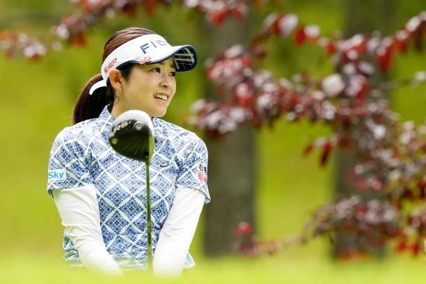 Sumika Nakasone of Japan watches her tee shot on the 6th hole during the final round of the Sky Ladies ABC Cup at the ABC Golf Club on July 02, 2021...