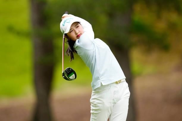 Hana Lee of South Korea hits her tee shot on the 4th hole during the final round of the Sky Ladies ABC Cup at the ABC Golf Club on July 02, 2021 in...