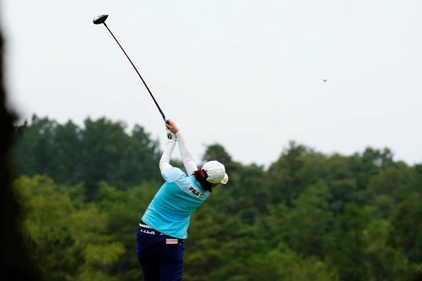 Yukiko Nishiki of Japan hits her tee shot on the 14th hole during the final round of the Sky Ladies ABC Cup at the ABC Golf Club on July 02, 2021 in...
