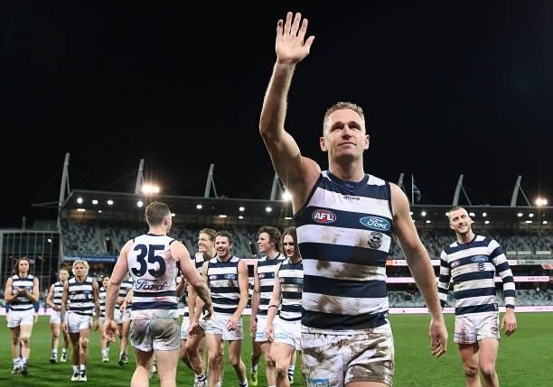 Joel Selwood of the Cats celebrates winning the round 16 AFL match between Geelong Cats and Essendon Bombers at GMHBA Stadium on July 02, 2021 in...