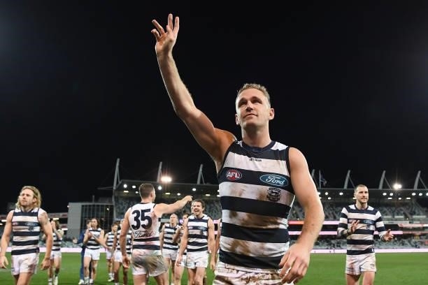 Joel Selwood of the Cats celebrates winning the round 16 AFL match between Geelong Cats and Essendon Bombers at GMHBA Stadium on July 02, 2021 in...
