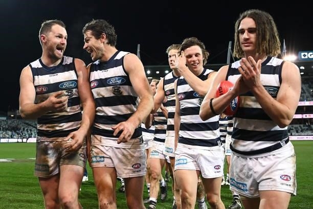 Patrick Dangerfield and Isaac Smith of the Cats celebrate winning the round 16 AFL match between Geelong Cats and Essendon Bombers at GMHBA Stadium...