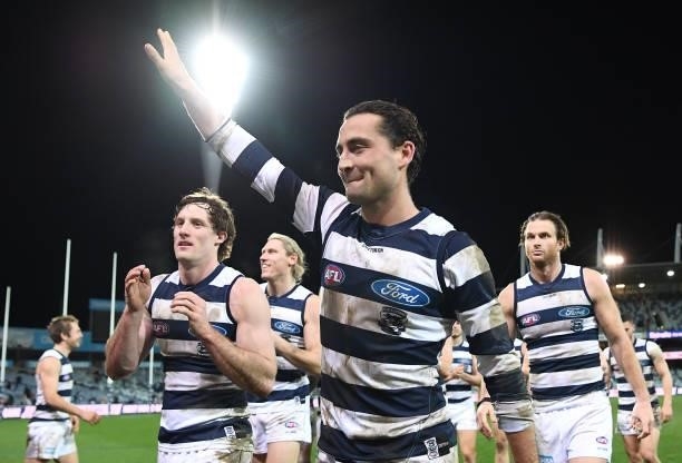 Luke Dahlhaus of the Cats celebrates winning the round 16 AFL match between Geelong Cats and Essendon Bombers at GMHBA Stadium on July 02, 2021 in...