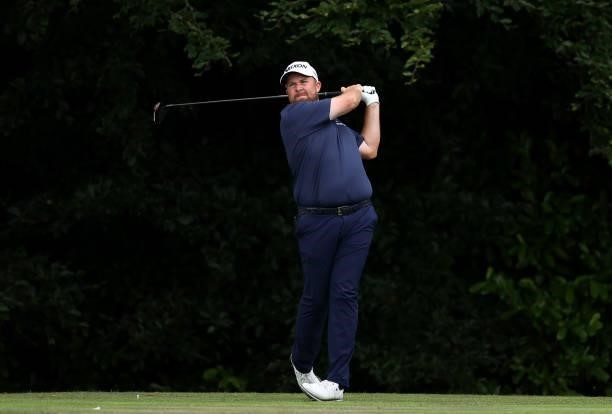 Shane Lowry of Ireland tees off on the 13th hole during Day Two of The Dubai Duty Free Irish Open at Mount Juliet Golf Club on July 02, 2021 in...