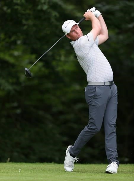 Jonathan Caldwell of Northern Ireland tees off on the 12th hole during Day Two of The Dubai Duty Free Irish Open at Mount Juliet Golf Club on July...