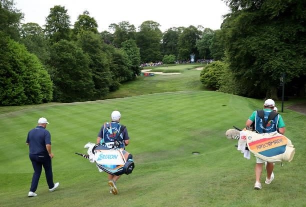 Shane Lowry of Ireland walks on the 14th hole during Day Two of The Dubai Duty Free Irish Open at Mount Juliet Golf Club on July 02, 2021 in...