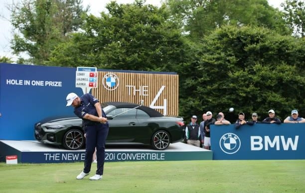 Shane Lowry of Ireland tees off on the 14th hole during Day Two of The Dubai Duty Free Irish Open at Mount Juliet Golf Club on July 02, 2021 in...