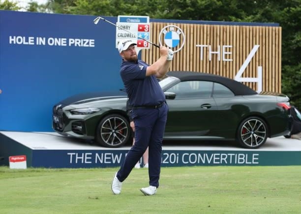 Shane Lowry of Ireland tees off on the 14th hole during Day Two of The Dubai Duty Free Irish Open at Mount Juliet Golf Club on July 02, 2021 in...