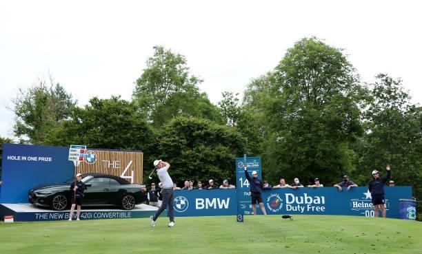 Jonathan Caldwell of Northern Ireland tees off on the 14th hole during Day Two of The Dubai Duty Free Irish Open at Mount Juliet Golf Club on July...