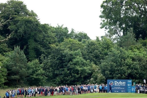 Shane Lowry of Ireland tees off on the 18th hole during Day Two of The Dubai Duty Free Irish Open at Mount Juliet Golf Club on July 02, 2021 in...