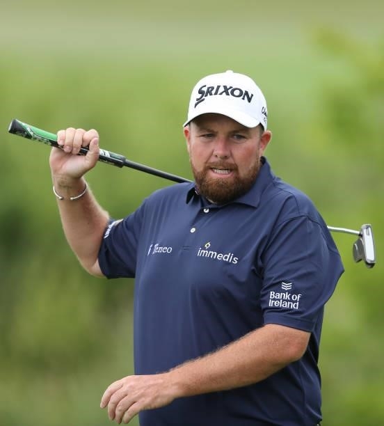 Shane Lowry of Ireland reacts after a missed putt on the 18th green during Day Two of The Dubai Duty Free Irish Open at Mount Juliet Golf Club on...