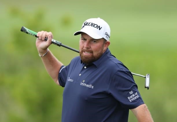 Shane Lowry of Ireland reacts after a missed putt on the 18th green during Day Two of The Dubai Duty Free Irish Open at Mount Juliet Golf Club on...