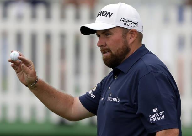Shane Lowry of Ireland waves to the crowd on the 18th green during Day Two of The Dubai Duty Free Irish Open at Mount Juliet Golf Club on July 02,...