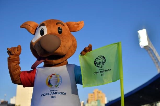 Official tournament mascot 'Pibe' poses prior a quarterfinal match between Peru and Paraguay as part of Copa America Brazil 2021 at Estadio Olimpico...