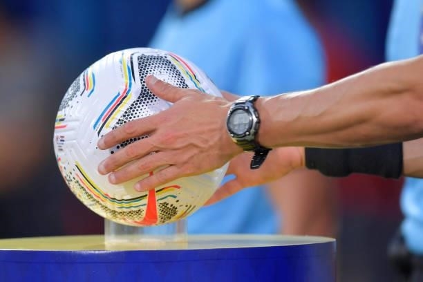 Detail of the match ball as Referee Esteban Ostojich picks it up prior to a quarterfinal match between Peru and Paraguay as part of Copa America...