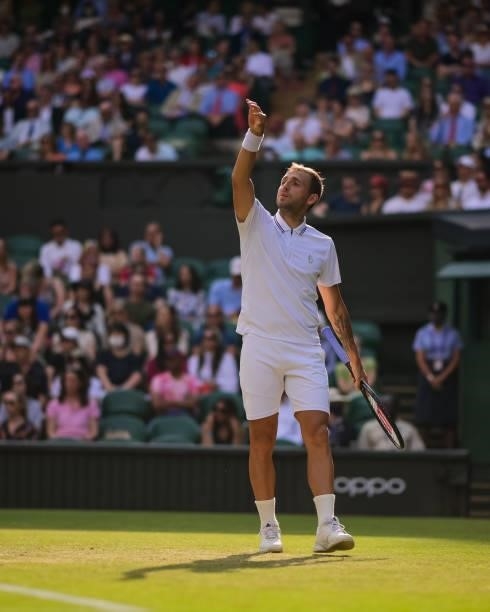Dan Evans of Great Britain shares his frustration with his team during his match against Sebastian Korda of the United States in the third round of...