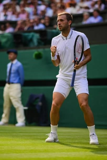 Dan Evans of Great Britain celebrates during his match against Sebastian Korda of the United States in the third round of the gentlemen's singles...