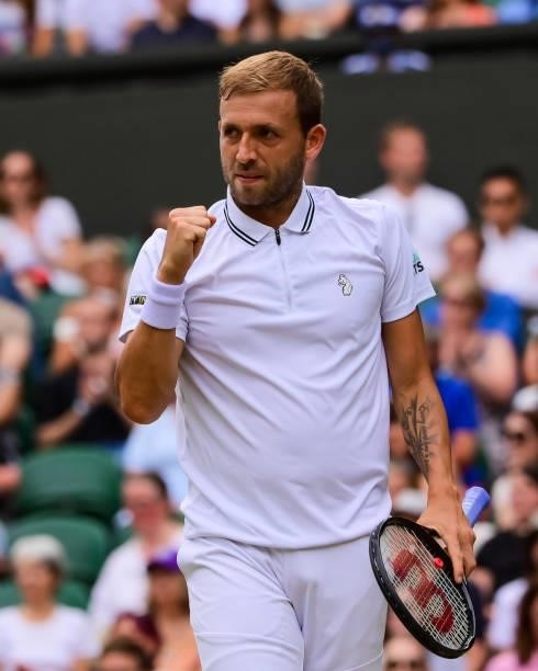 Dan Evans of Great Britain celebrates during his match against Sebastian Korda of the United States in the third round of the gentlemen's singles...