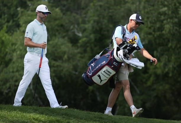 Chris Baker walks from the ninth tee during the second round of the Rocket Mortgage Classic on July 02, 2021 at the Detroit Golf Club in Detroit,...