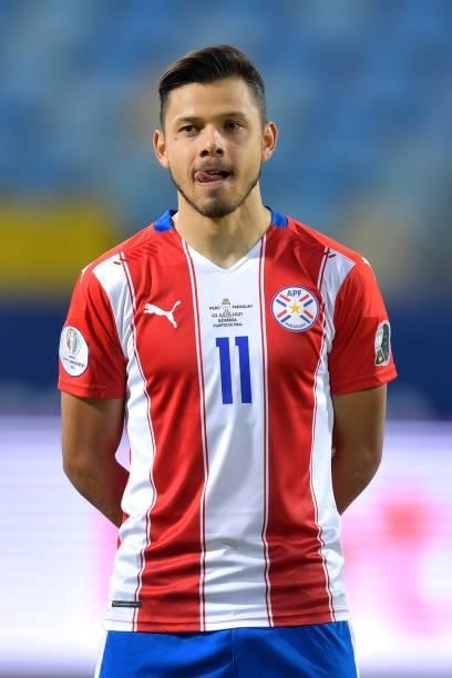 Angel Romero of Paraguay looks on prior to a quarterfinal match between Peru and Paraguay as part of Copa America Brazil 2021 at Estadio Olimpico on...