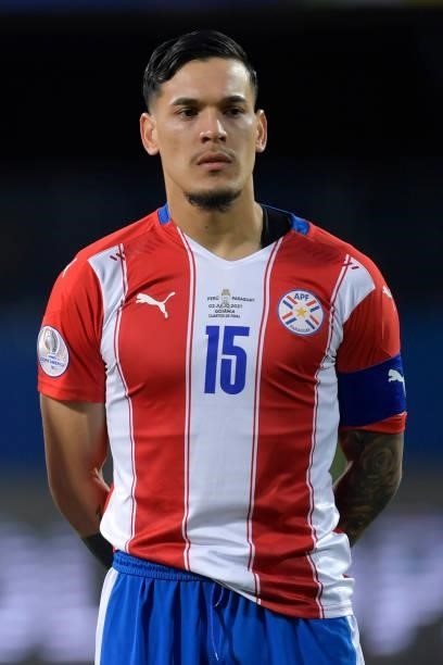 Gustavo Gomez of Paraguay looks on prior to a quarterfinal match between Peru and Paraguay as part of Copa America Brazil 2021 at Estadio Olimpico on...