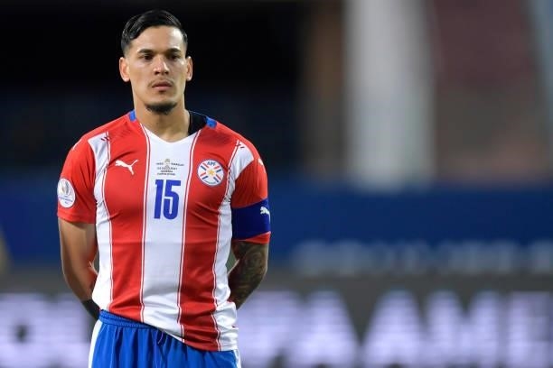 Gustavo Gomez of Paraguay looks on prior to a quarterfinal match between Peru and Paraguay as part of Copa America Brazil 2021 at Estadio Olimpico on...