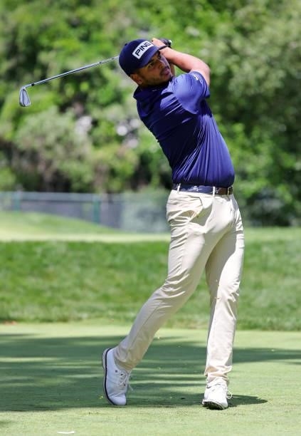 Sebastian Munoz of Colombia plays his shot on the ninth hole during the second round of the Rocket Mortgage Classic on July 02, 2021 at the Detroit...