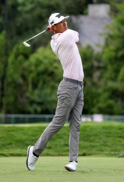 James Hahn plays his shot from the ninth tee during the second round of the Rocket Mortgage Classic on July 02, 2021 at the Detroit Golf Club in...