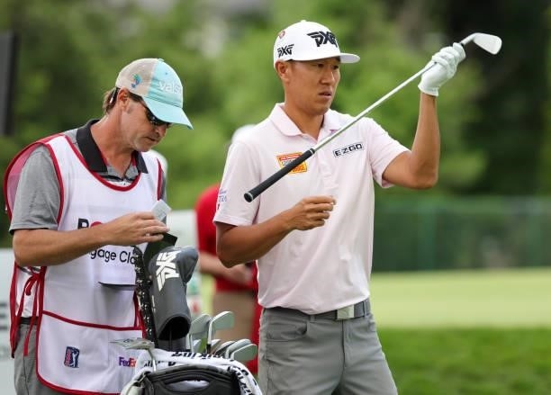 James Hahn prepares to play his shot from the ninth tee during the second round of the Rocket Mortgage Classic on July 02, 2021 at the Detroit Golf...