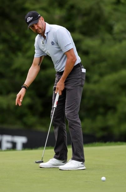 Trahan reacts to his put on the eighth green during the second round of the Rocket Mortgage Classic on July 02, 2021 at the Detroit Golf Club in...