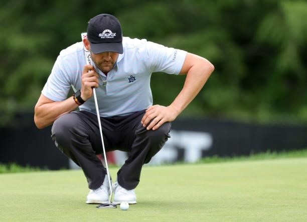Trahan lines up a putt on the eighth green during the second round of the Rocket Mortgage Classic on July 02, 2021 at the Detroit Golf Club in...