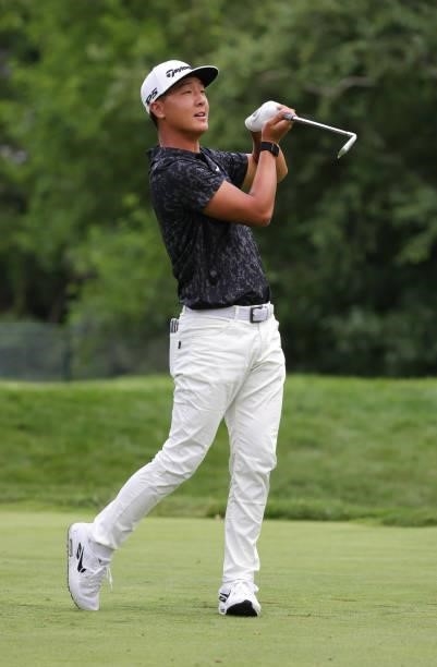 John Pak plays his shot from the ninth tee during the second round of the Rocket Mortgage Classic on July 02, 2021 at the Detroit Golf Club in...