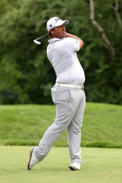 Rafael Campos of Puerto Rico plays his shot from the ninth tee during the second round of the Rocket Mortgage Classic on July 02, 2021 at the Detroit...