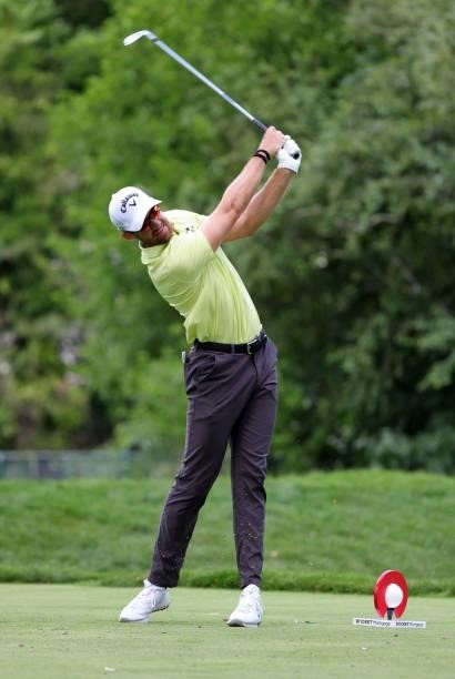 Patrick Rodgers plays his shot from the ninth tee during the second round of the Rocket Mortgage Classic on July 02, 2021 at the Detroit Golf Club in...
