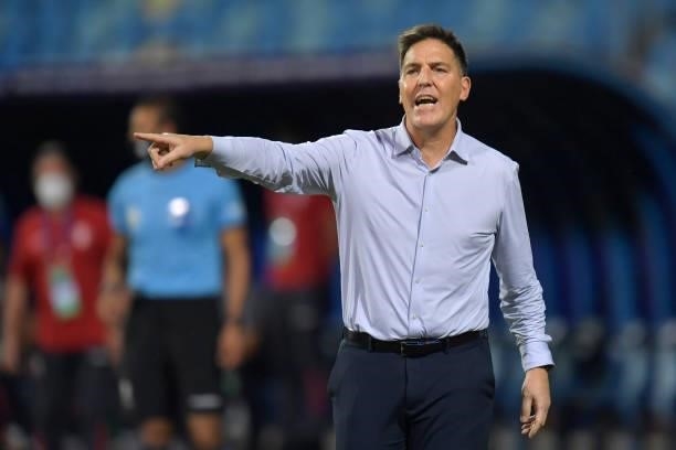 Eduardo Berizzo head coach of Paraguay gestures during a quarterfinal match between Peru and Paraguay as part of Copa America Brazil 2021 at Estadio...