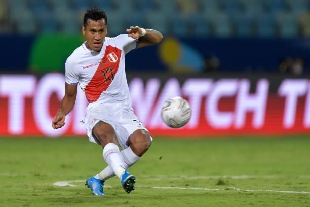Renato Tapia of Peru kicks the ball during a quarterfinal match between Peru and Paraguay as part of Copa America Brazil 2021 at Estadio Olimpico on...
