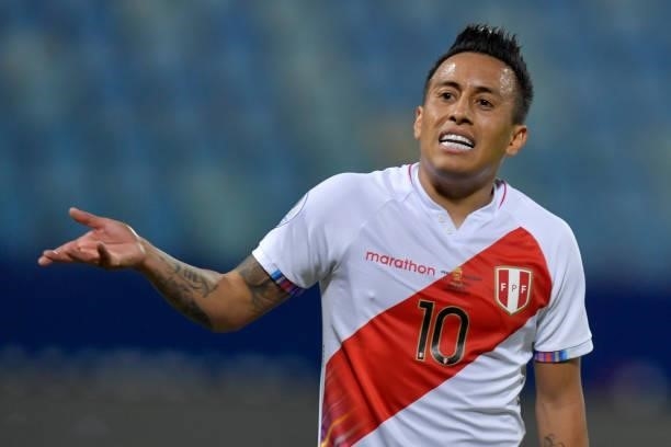 Christian Cueva of Peru reacts during a quarterfinal match between Peru and Paraguay as part of Copa America Brazil 2021 at Estadio Olimpico on July...
