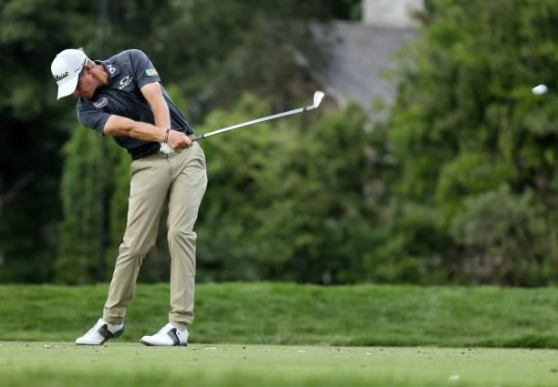 Richy Werenski plays his shot from the ninth tee during the second round of the Rocket Mortgage Classic on July 02, 2021 at the Detroit Golf Club in...