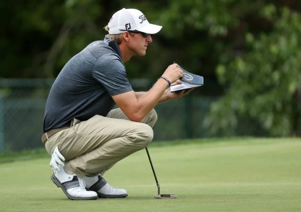 Richy Werenski prepares to putt on the eighth green during the second round of the Rocket Mortgage Classic on July 02, 2021 at the Detroit Golf Club...
