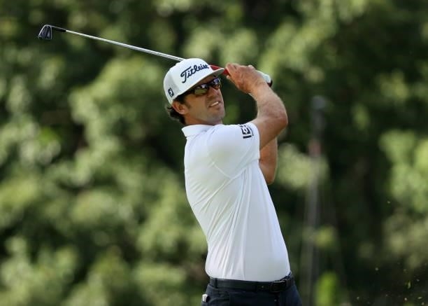 Lanto Griffin plays his shot from the ninth tee during the second round of the Rocket Mortgage Classic on July 02, 2021 at the Detroit Golf Club in...