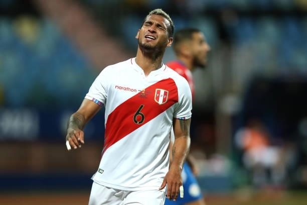 Miguel Trauco of Peru reacts during a quarterfinal match between Peru and Paraguay as part of Copa America Brazil 2021 at Estadio Olimpico on July...