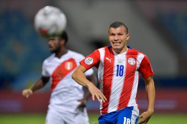 Braian Samudio of Paraguay runs after the ball during a quarterfinal match between Peru and Paraguay as part of Copa America Brazil 2021 at Estadio...
