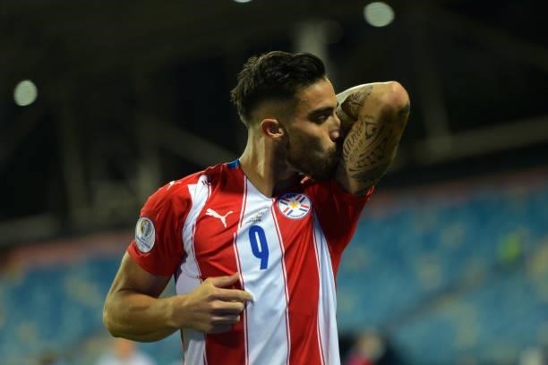 Gabriel Avalos of Paraguay celebrates after scoring the third goal of his team during a quarterfinal match between Peru and Paraguay as part of Copa...