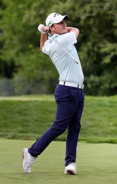 Emiliano Grillo of Argentina plays his shot from the ninth tee during the second round of the Rocket Mortgage Classic on July 02, 2021 at the Detroit...