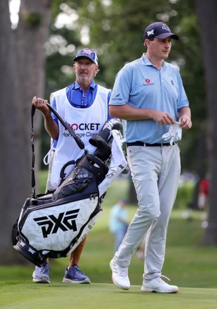 Henrik Norlander of Sweden prepares to play his shot from the ninth tee during the second round of the Rocket Mortgage Classic on July 02, 2021 at...