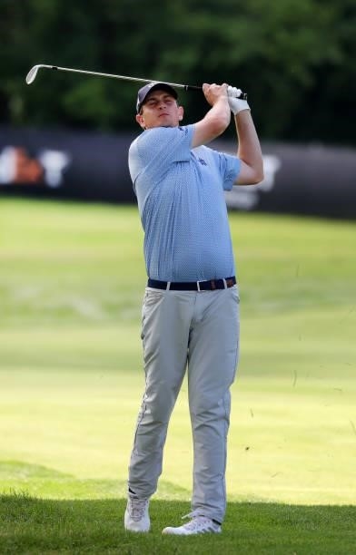 Henrik Norlander of Sweden plays his shot on the eighth hole during the second round of the Rocket Mortgage Classic on July 02, 2021 at the Detroit...