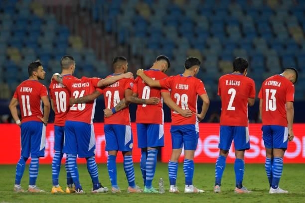 Players of Paraguay line up for the penalty shootout after a quarterfinal match between Peru and Paraguay as part of Copa America Brazil 2021 at...