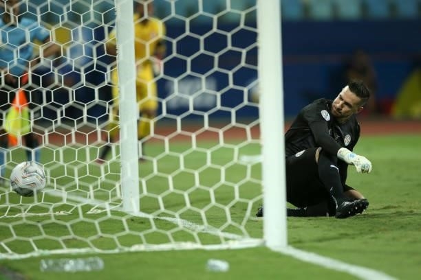 Antony Silva of Paraguay reacts after failing to make a save during a penalty shootout after a quarterfinal match between Peru and Paraguay as part...